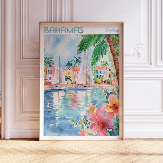 Sunny Bahamas Caribbean Sailboats Harbor Vintage Travel Poster