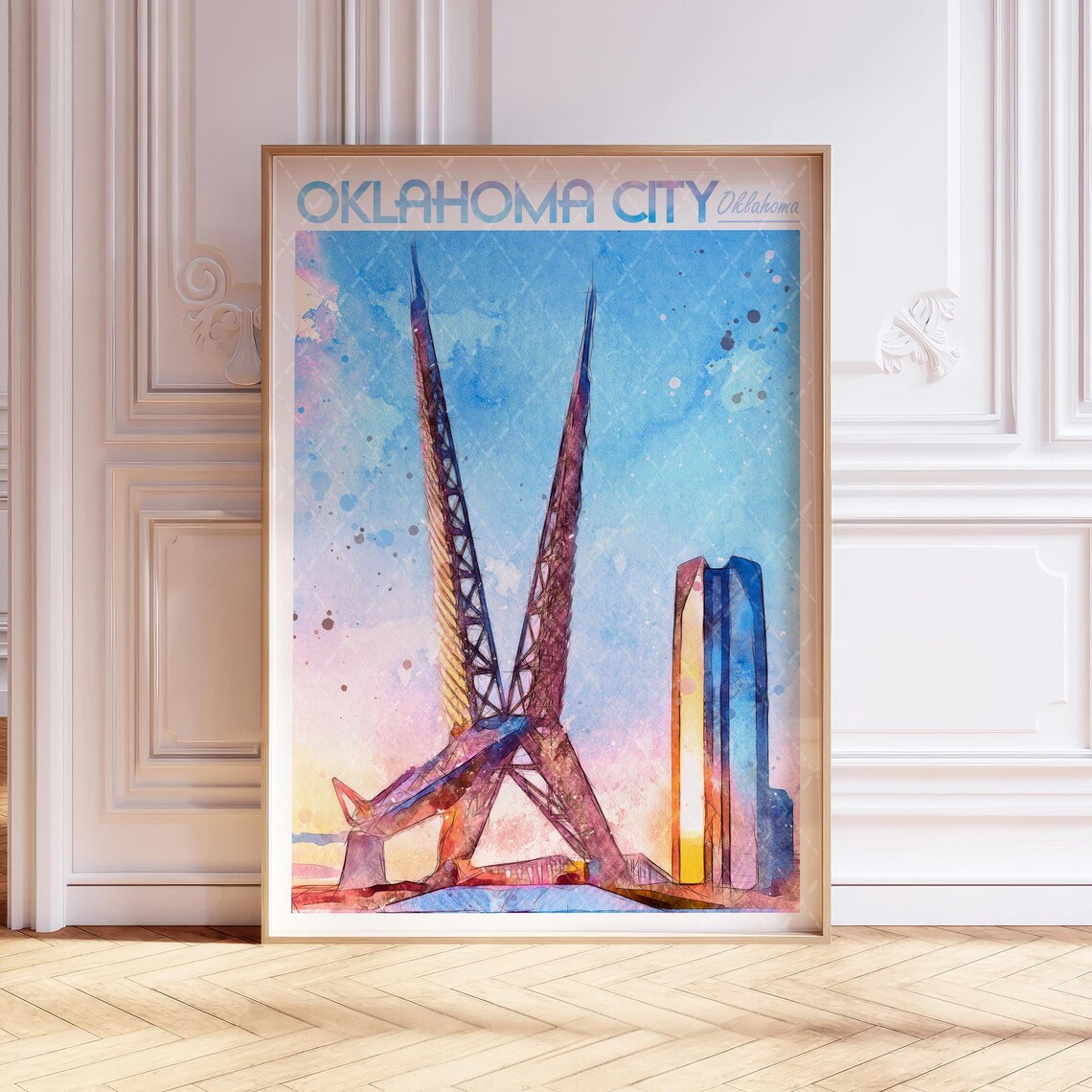 Oklahoma City Oklahoma Travel Poster SkyDance Bridge at Sunset View