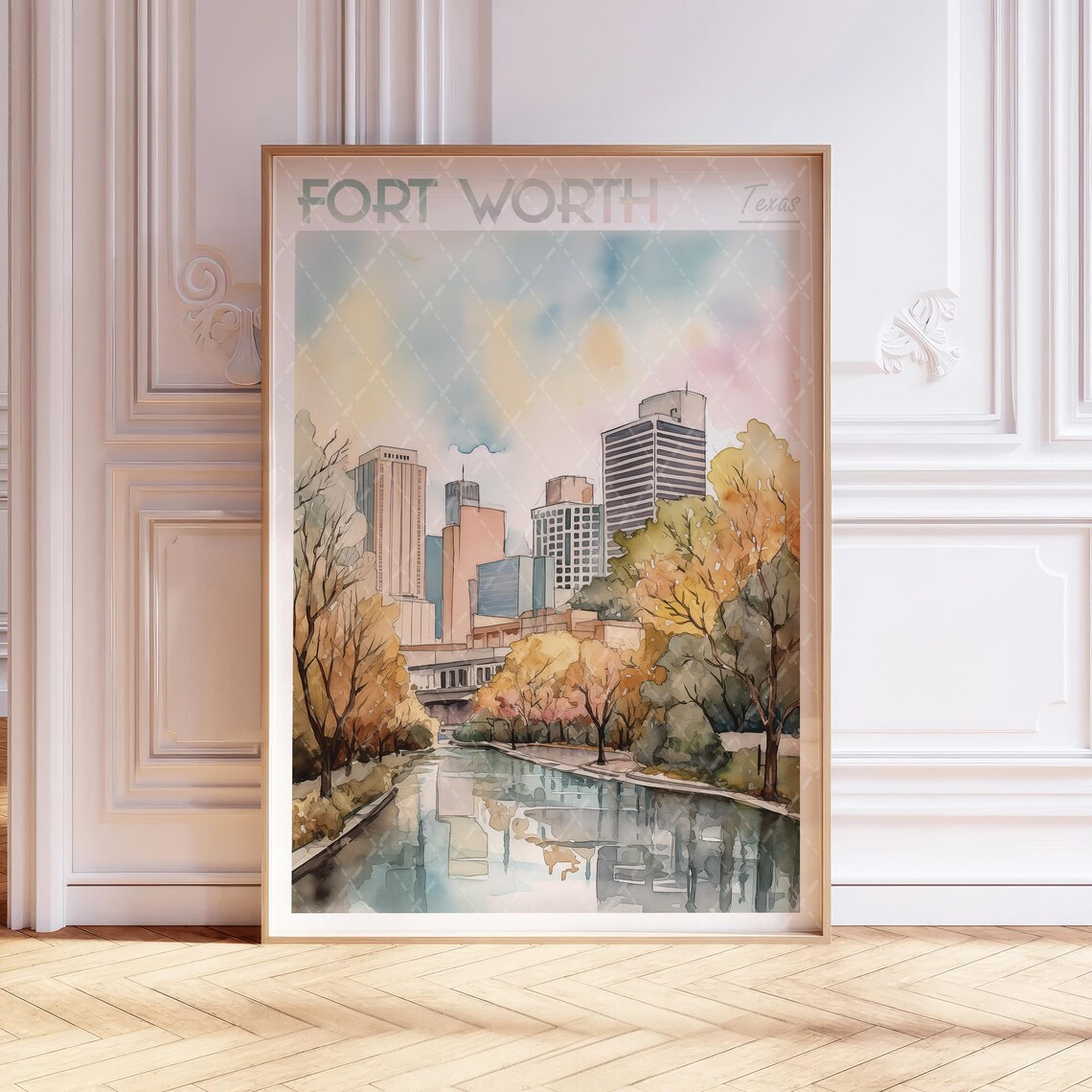 Fort Worth Watercolor Travel Poster, Texas USA