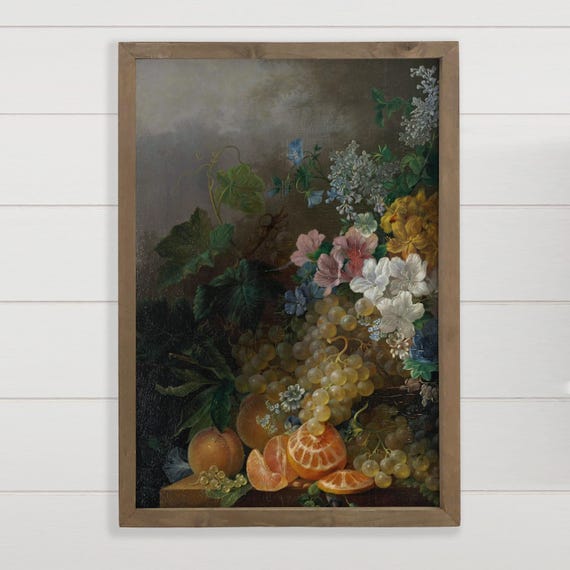 Inexpensive Vintage Framed Canvas Moody Still Life Fruit Painting Grapes And Flowers Nature Art Wood Decor