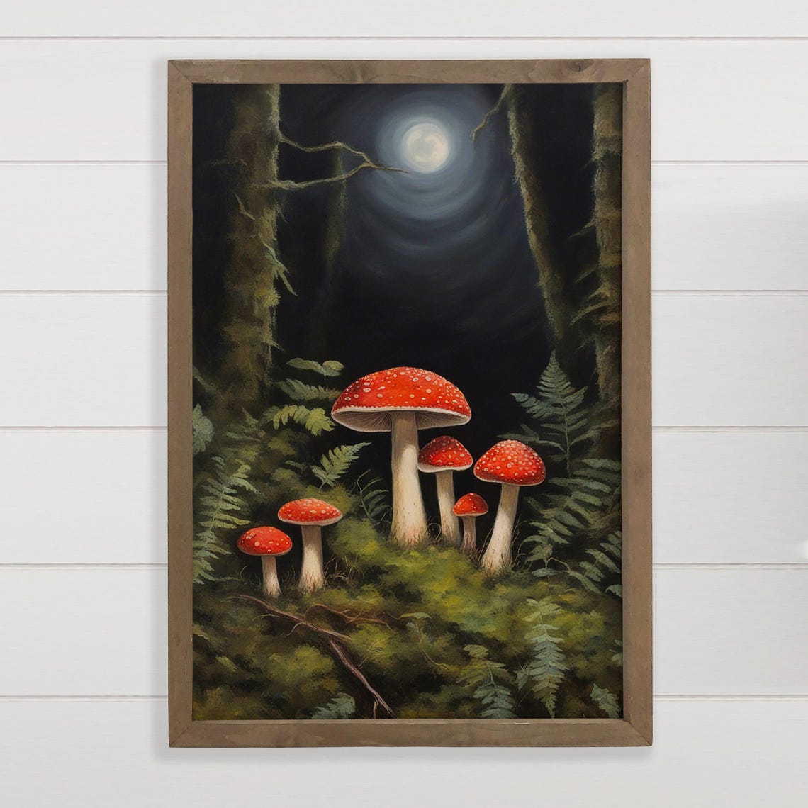 Moonlit Red Mushroom Forest Night Sky Woodland Magic Art Poster
