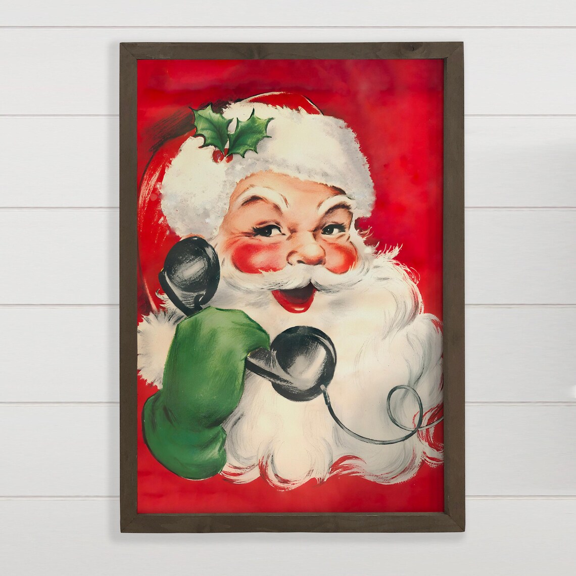 Retro Santa Claus Talking on Old Telephone Christmas Art Poster