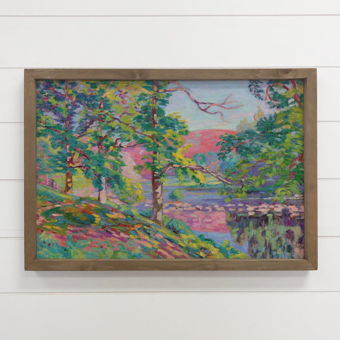 Pink River Woodland Reflection Impressionist Landscape Wall Art