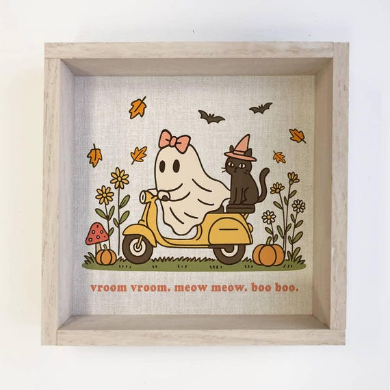 Cozy On A Scooter Cute Halloween Canvas Art Framed