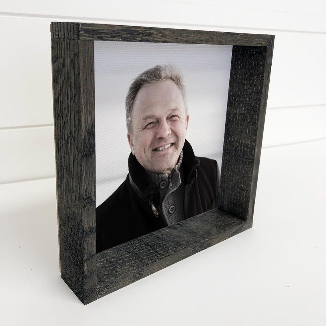 Smiling Man Portrait Rustic Wood Frame Personalized Photo Poster