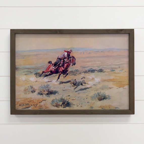 Western Cowboy Roping Coyote Vintage Prairie Watercolor Painting Poster