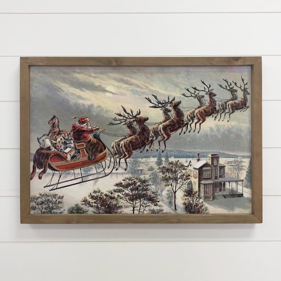 Vintage Santa Sleigh Flying Reindeer Christmas Eve Art Poster