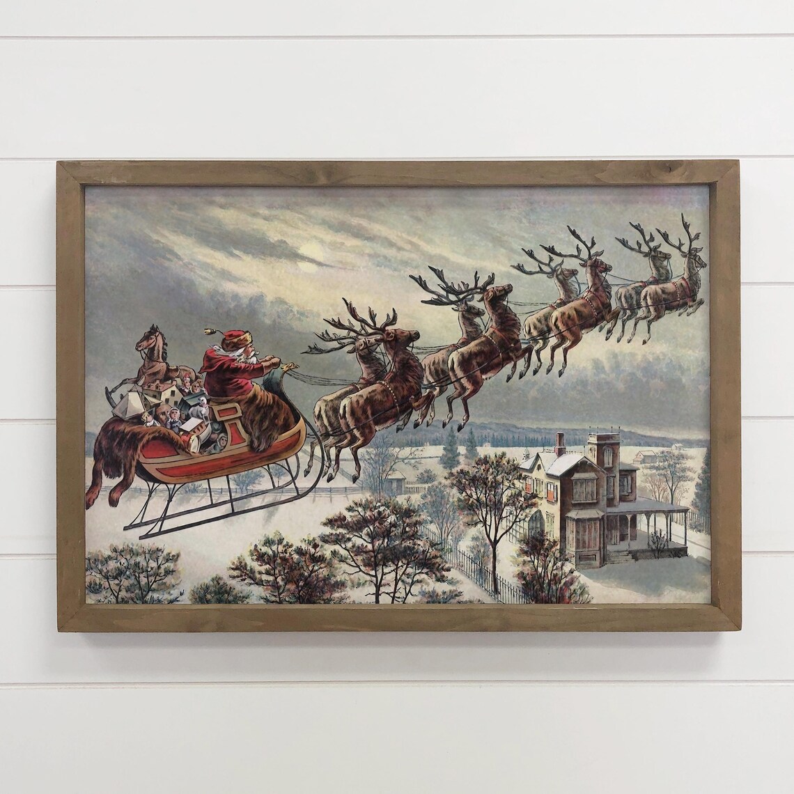 Vintage Santa Sleigh Flying Reindeer Christmas Eve Art Poster