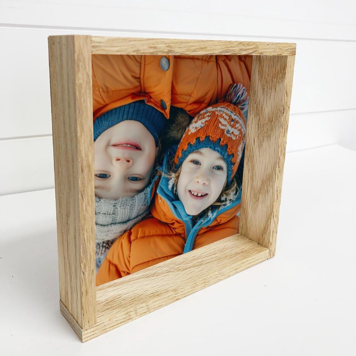 Playful Winter Kids Siblings Photo Wood Framed Canvas Gift Poster