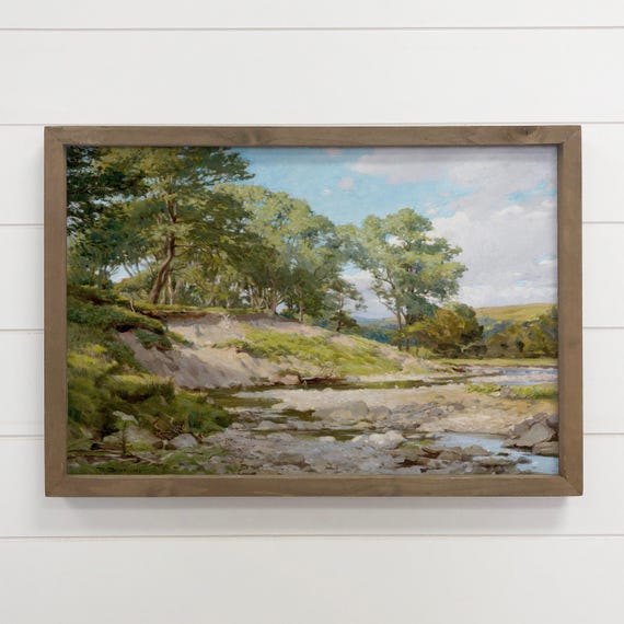 Vintage Landscape Painting Summer Green River Bank Canvas Art