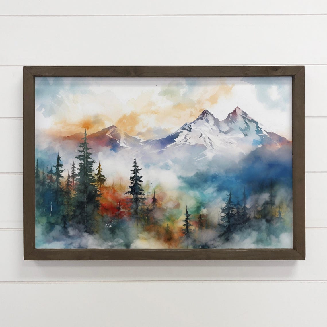 Watercolor Snowy Mountain Peaks Misty Pine Forest Art Poster