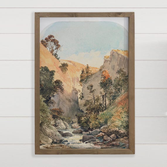 Vintage Landscape Vertical Wall Art Canyon River Scene Canvas Wood Framed