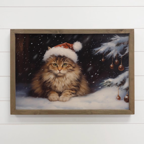 Fluffy Christmas Cat in Santa Hat Snowy Night Holiday Poster
