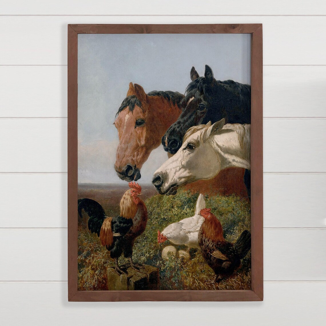 Farm Horses And Roosters Meadow Vintage Oil Painting Wall Art