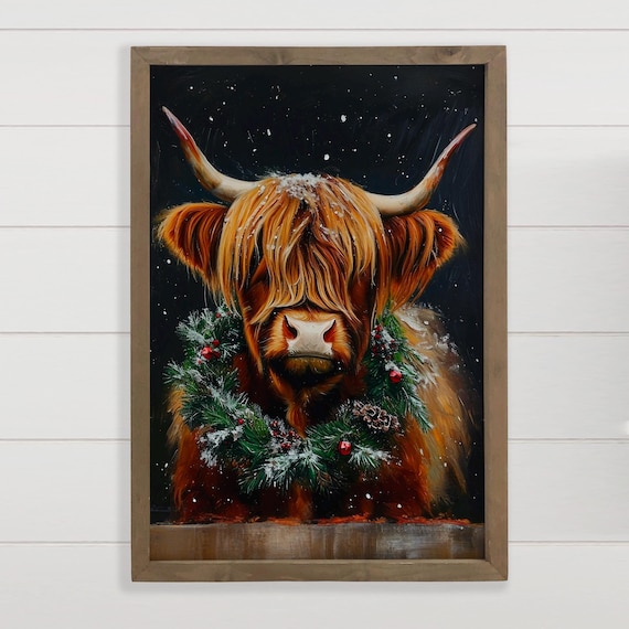 Christmas Highland Cow Wearing Holiday Wreath Night Snow Wall Art