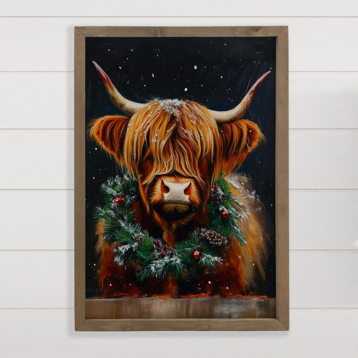 Christmas Highland Cow Wearing Holiday Wreath Night Snow Wall Art