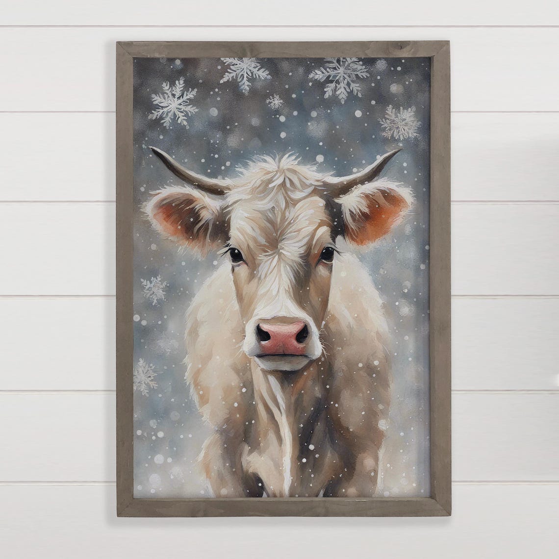 Highland Cow In Falling Snow Snowflakes Winter Portrait Poster