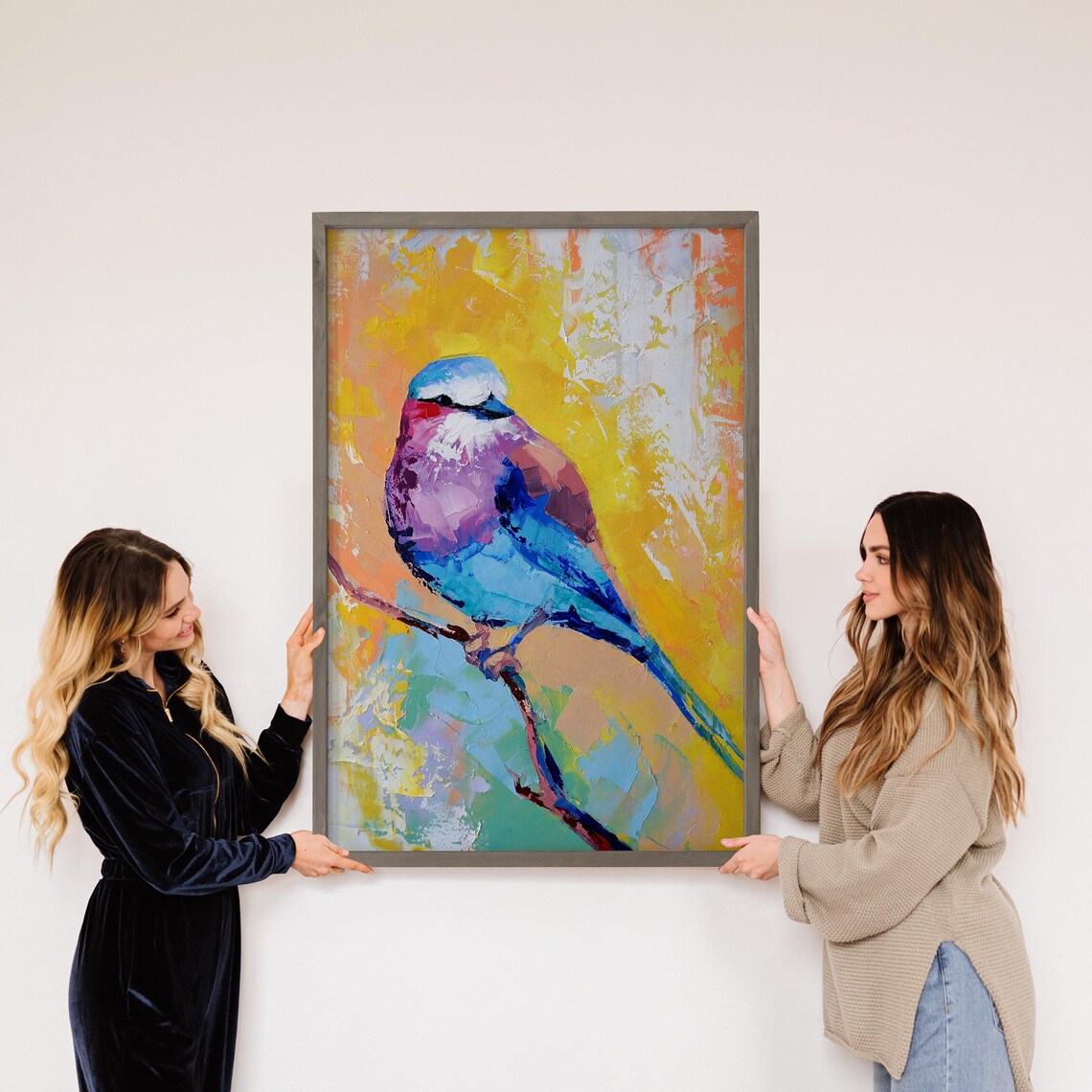 Colorful Blue Bird on Branch Abstract Oil Painting Wildlife Poster