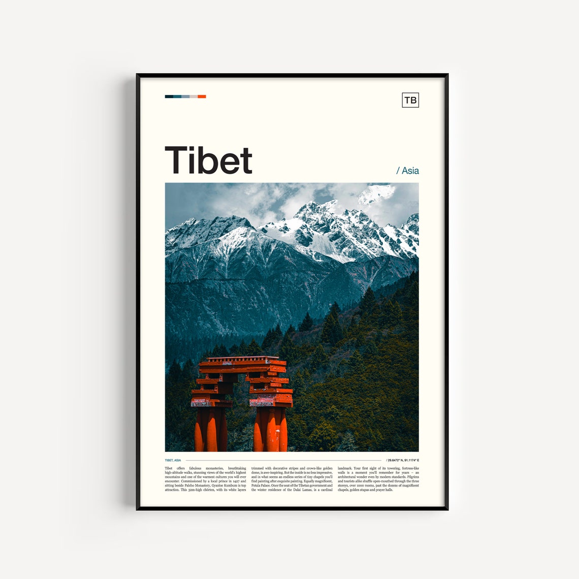 Tibet Snow Capped Himalayan Mountain Peaks Red Temple Art Poster