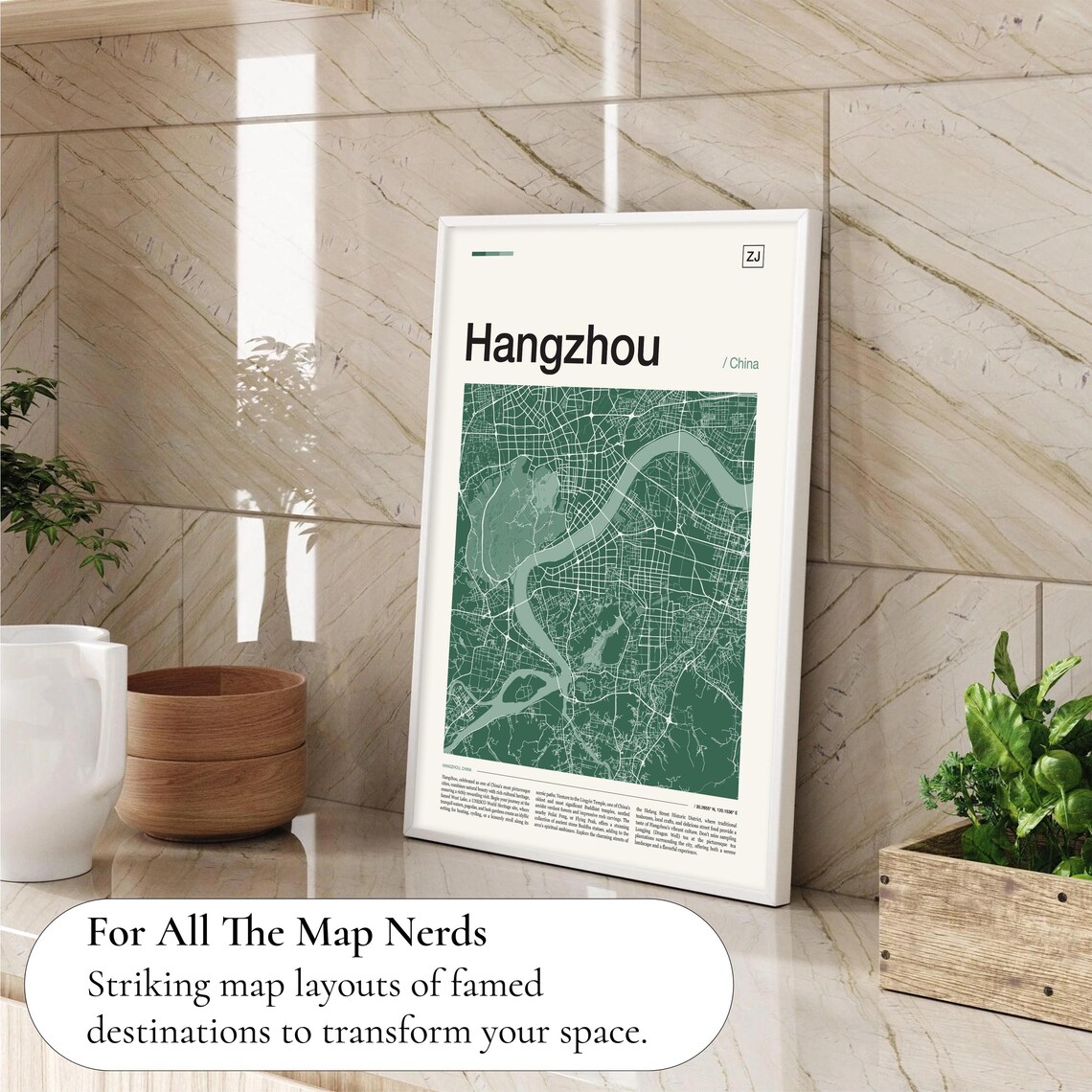 Hangzhou China Deep Dark Green Street Map Cartographic Art Travel Poster - Image 4