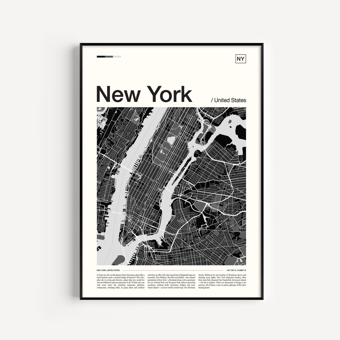 New York United States Monochrome Manhattan Street Map Travel Poster