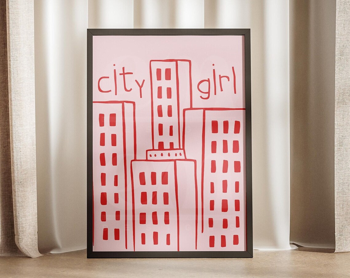 City Girl Pink Skyline Red Hand Drawn Trendy Dorm Room Poster