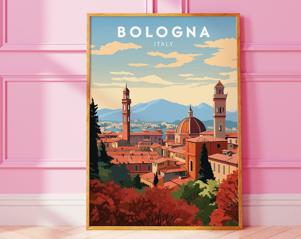 Bologna Italy Red Rooftops Two Towers Vintage Style Travel Poster