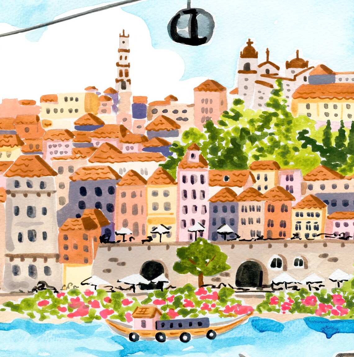 Porto Portugal Riverside Colorful Houses Cable Car Watercolor Poster