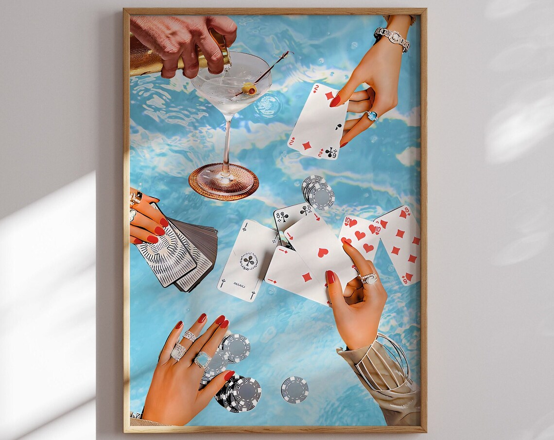 Vintage Blue Playing Cards Art Print, Retro Poker Night