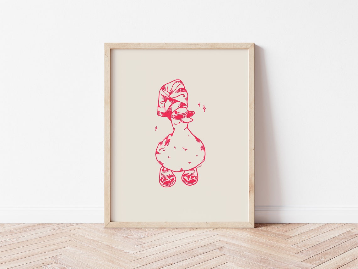 Cool Duck in Slippers Pink Minimalist Line Art Bathroom Poster - Image 2