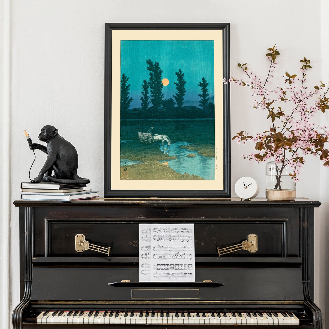 Japanese Moonlit River Cart Night Woodblock Style Vintage Poster - Image 3