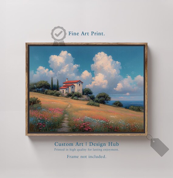 Hilltop Cottage Wildflower Meadow Dramatic Clouds Impressionist Poster
