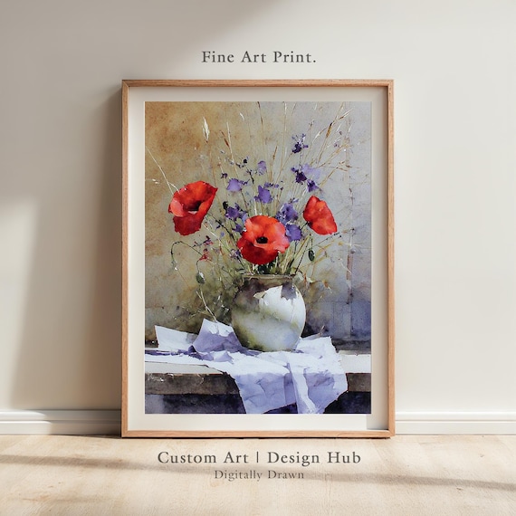 Red Poppies Purple Wildflowers Watercolor Rustic Vase Poster