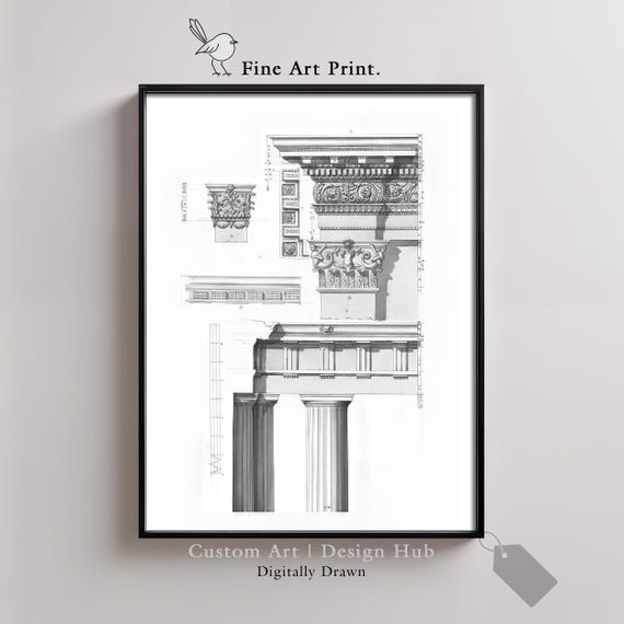 Antique Architectural Print Corinthian Ionic Columns Neoclassical Wall Art