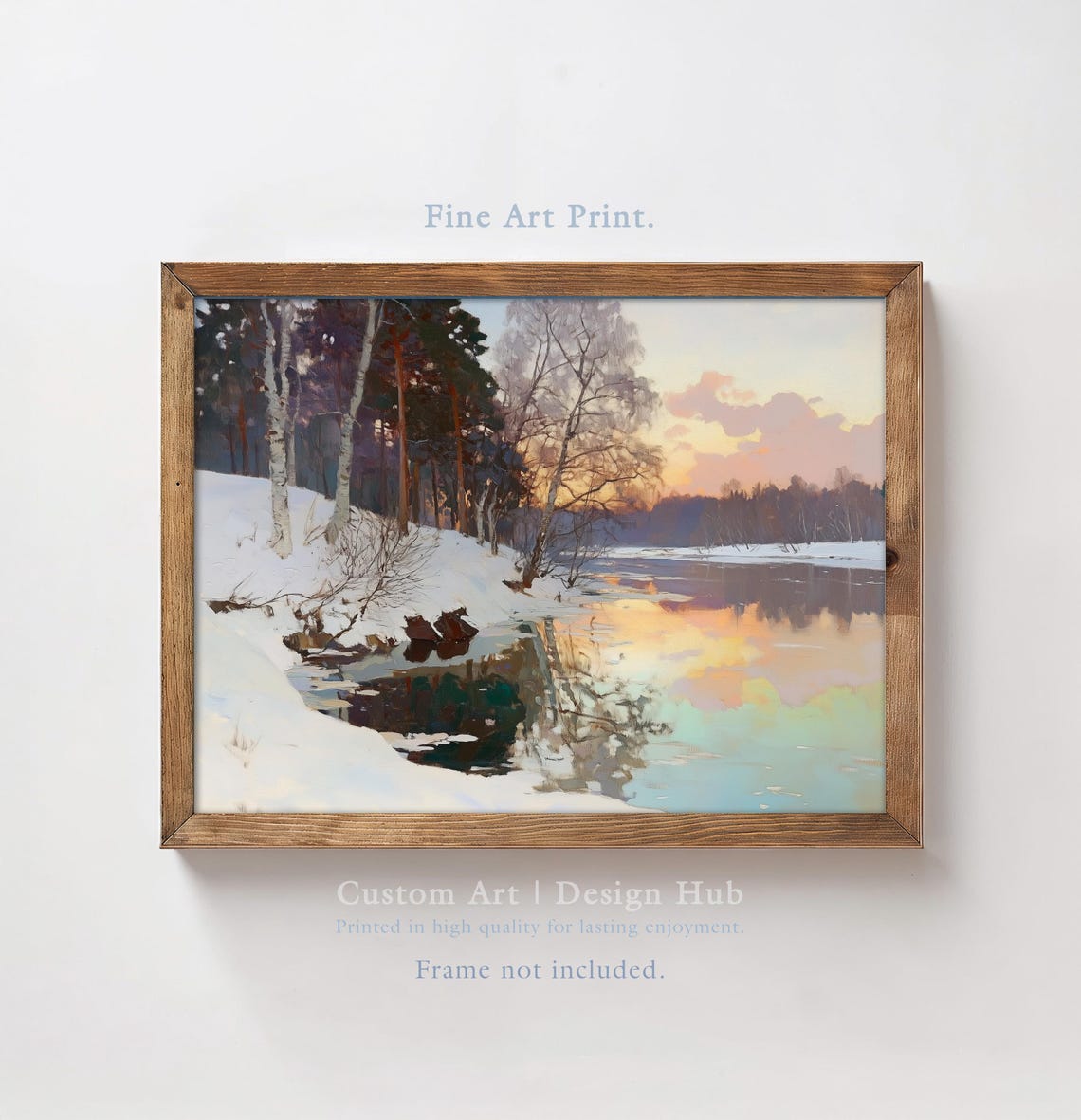 Winter River Sunset Snowy Birch Forest Oil Painting Wall Art