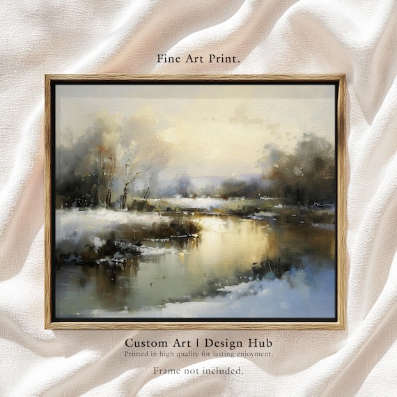 Winter River Golden Reflection Poster Snowy Banks Watercolor Landscape