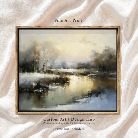 Winter River Landscape Print Tranquil Snowy Scenery Fine Art For Cozy Rustic Home Decor
