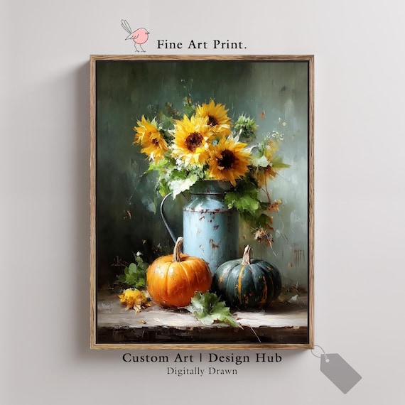 Sunflower Still Life Print Vintage Autumn Pumpkins Rustic Vase