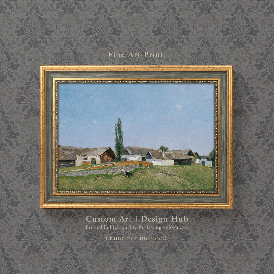 Vintage European Village Farmhouses With Grazing Cow Art Print