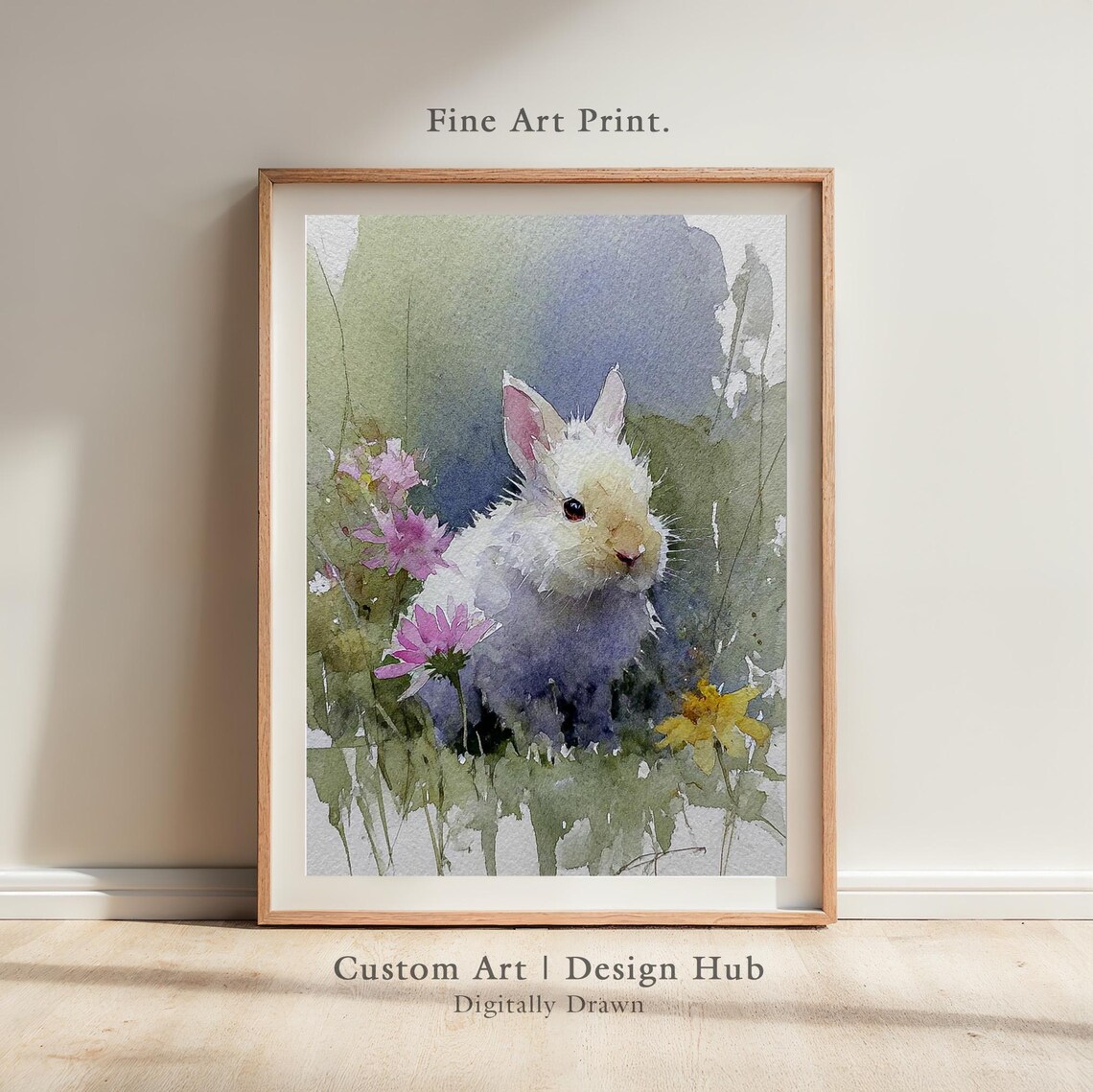 White Bunny in Wildflowers Watercolor Painting Poster Nursery Decor