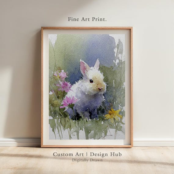 Watercolor Bunny In Wildflowers Wall Art Print For Nursery And Kids Decor