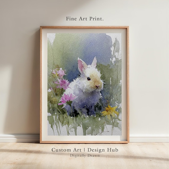 White Bunny in Wildflowers Watercolor Painting Poster Nursery Decor