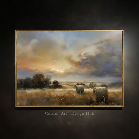 Golden Sunset Harvest Field Rustic Countryside Farmland Art Poster