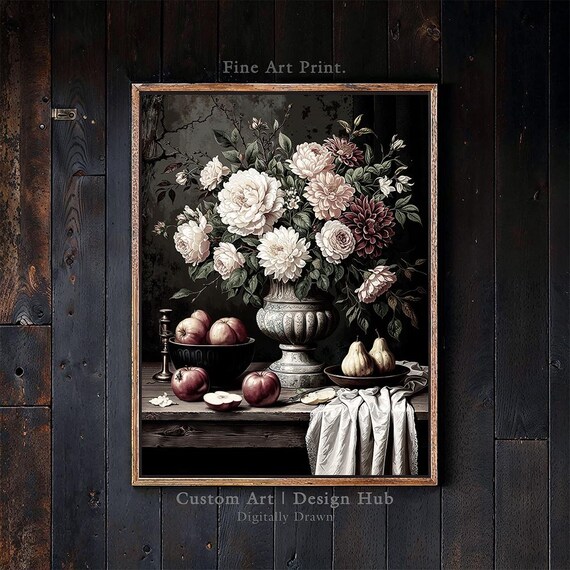 Dark Floral Still Life Oil Painting Peonies Fruit Vintage Poster