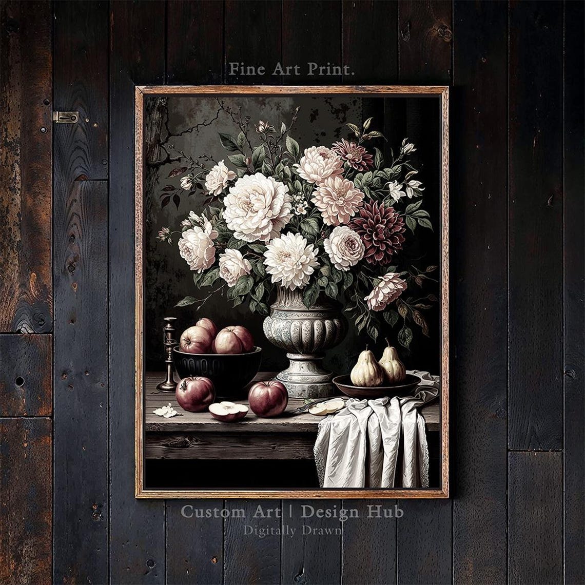 Dark Floral Still Life Oil Painting Peonies Fruit Vintage Poster