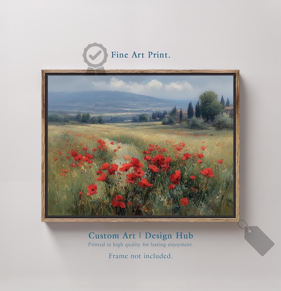 Red Poppy Field Golden Meadow Countryside Impressionist Art Poster
