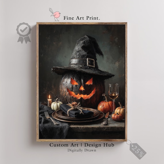 Gothic Halloween Print Witch Hat Pumpkin Candlelit Dinner