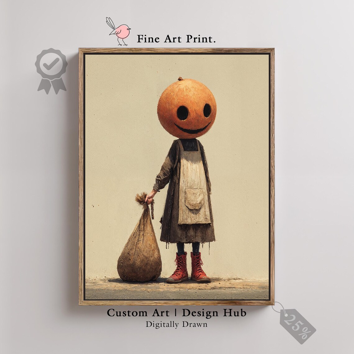 Pumpkin Head Child Trick Or Treat Vintage Halloween Folk Art Print