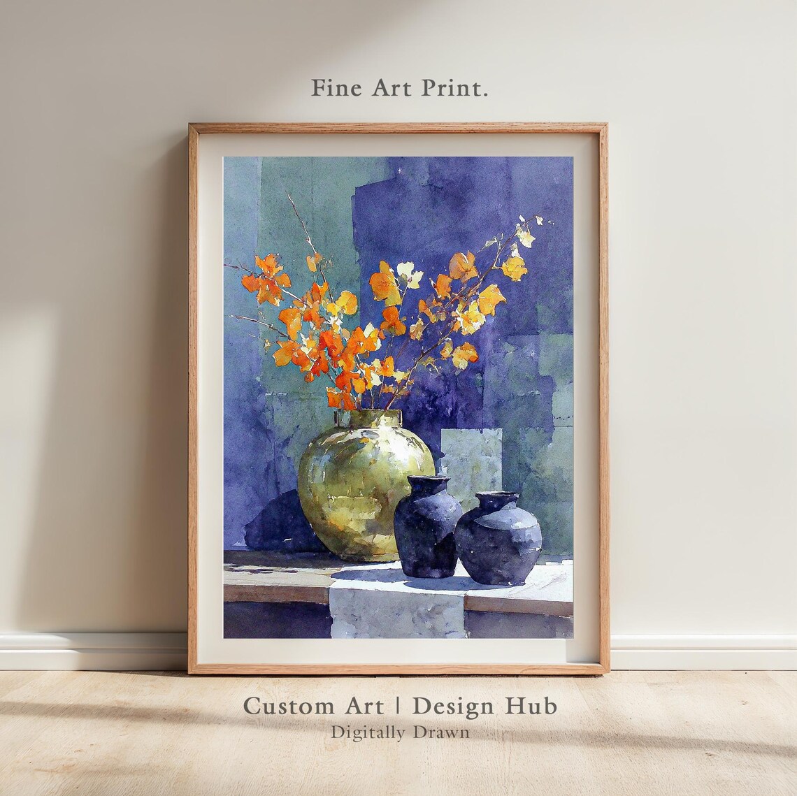 Watercolor Poster With Orange Flowers In Vases Autumn Botanical Wall Art Print