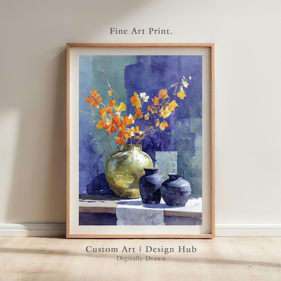 Watercolor Poster With Orange Flowers In Vases Autumn Botanical Wall Art Print